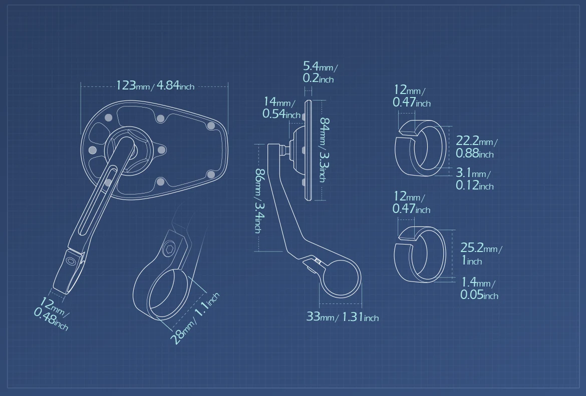 Measurement of KiWAV motorcycle bar end mirror MambaX a piece for 22/25mm handlebar