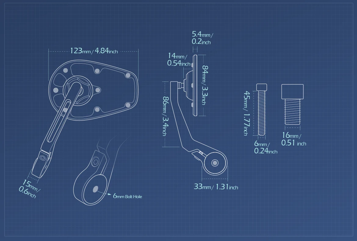 Measurement of KiWAV motorcycle bar end mirror MambaX a piece compatible with Yamaha M16 threaded handlebars