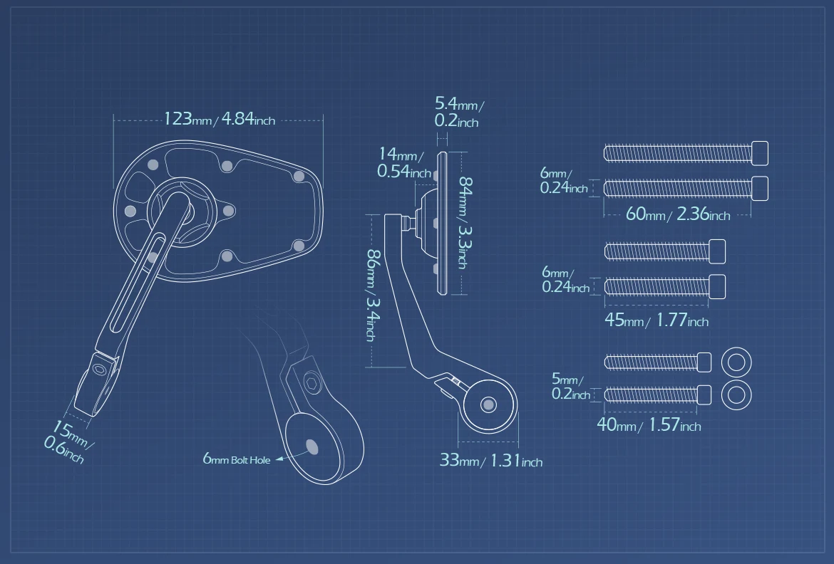 Measurement of KiWAV motorcycle bar end mirror MambaX a pair compatible with Triumph air-cooled models