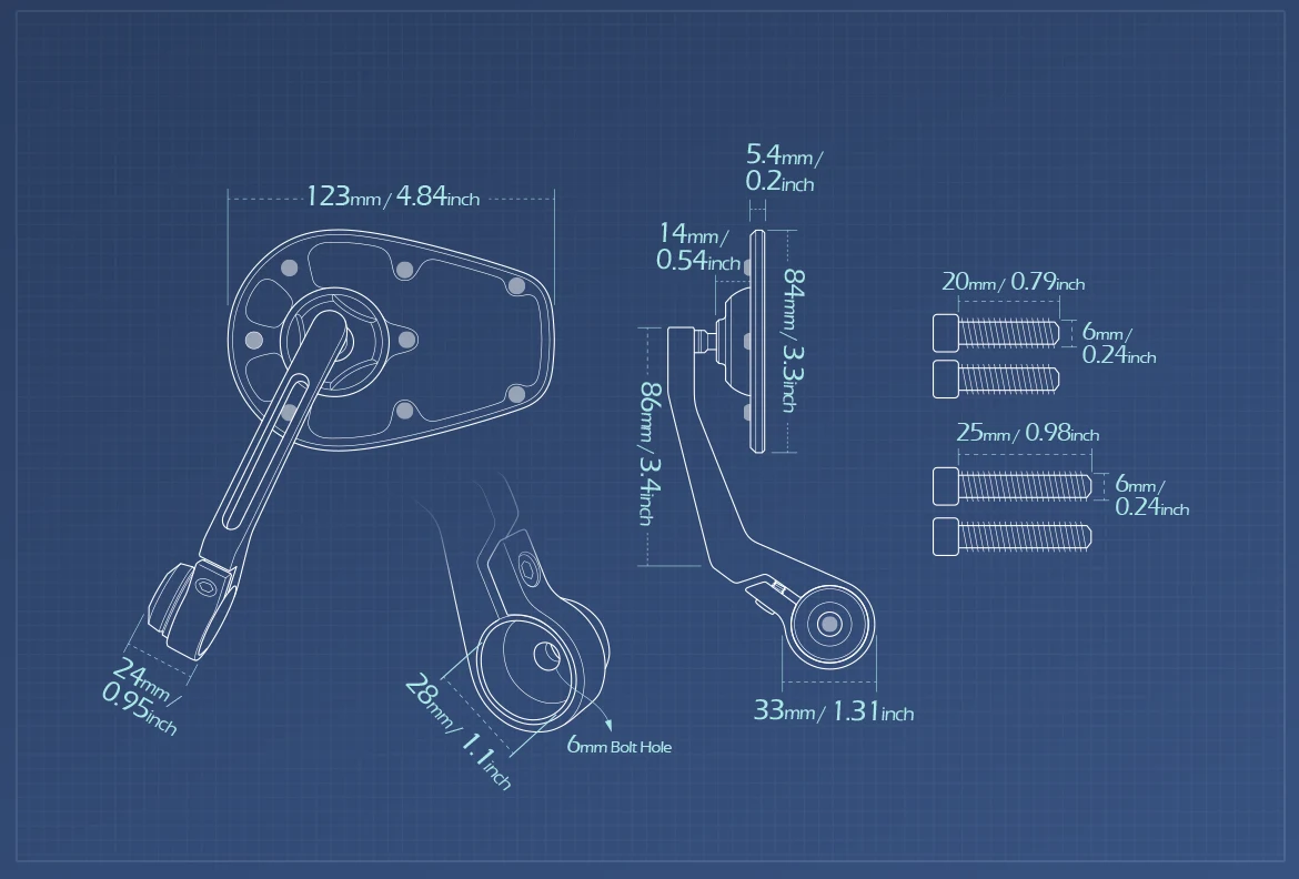 Measurement of KiWAV motorcycle bar end mirror MambaX a pair compatible with Triumph water-cooled models
