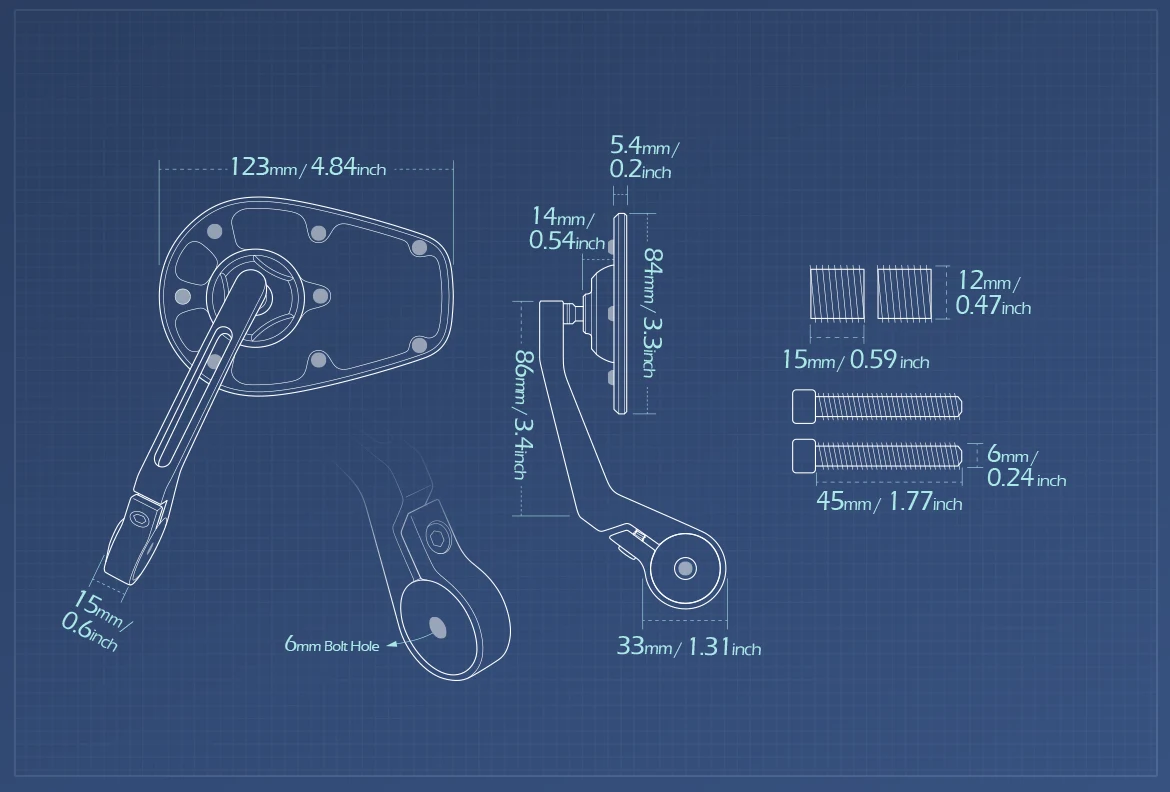 Measurement of KiWAV motorcycle bar end mirror MambaX a pair compatible with BMW M12 threaded handlebar