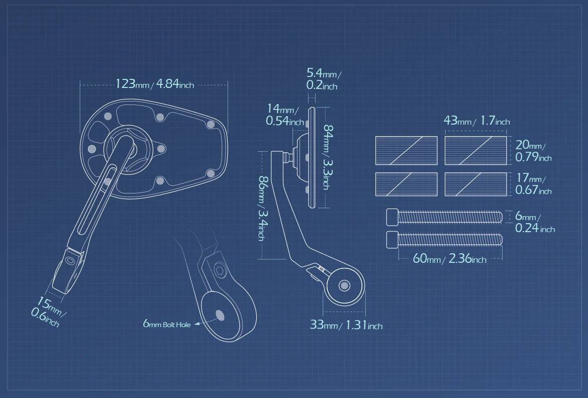 Measurement of KiWAV motorcycle bar end mirror MambaX a pair for 1 & 1-1/4 inch hollow hollow end handlebars