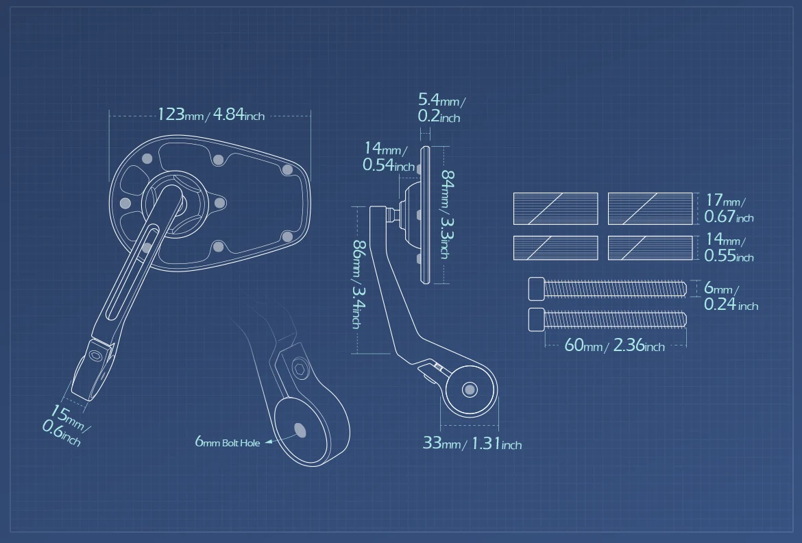 Measurement of KiWAV motorcycle bar end mirror MambaX a pair for 7/8 inch hollow end handlebars