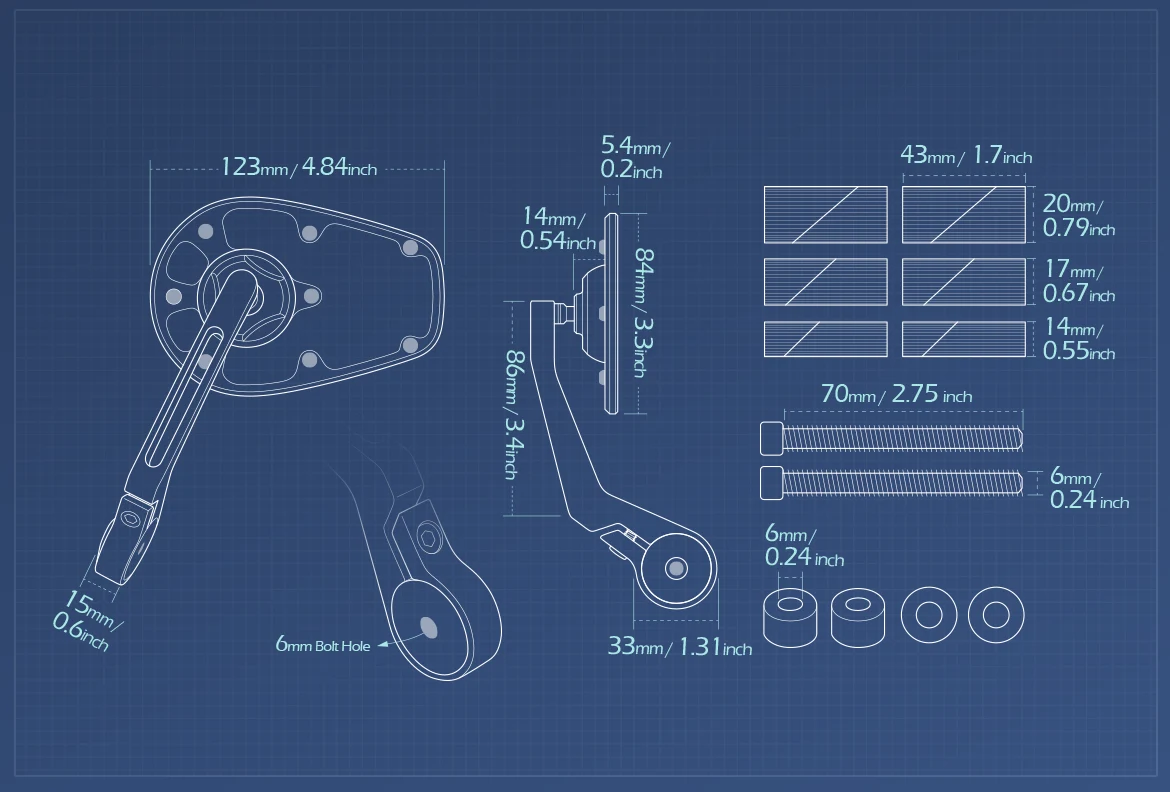 Measurement of KiWAV motorcycle bar end mirror MambaX a pair compatible with Harley Davidson Sportster Dyna Softail XG street