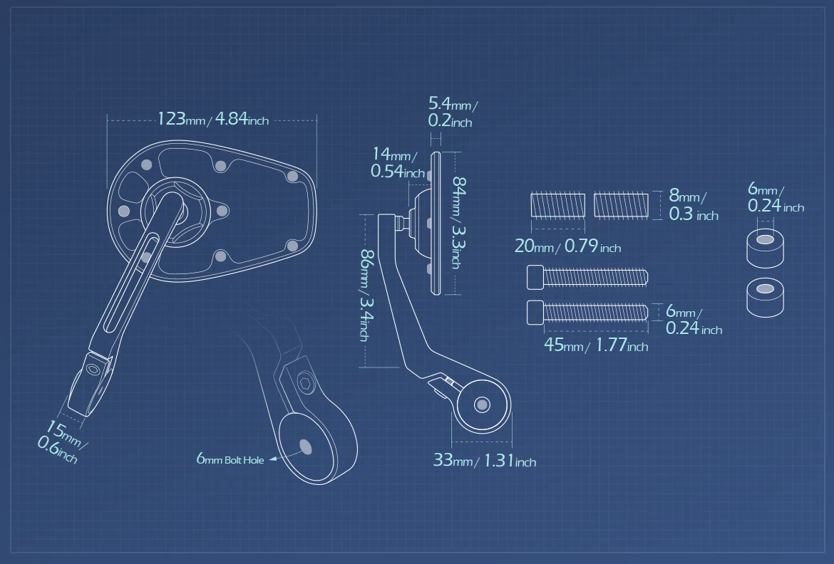 Measurement of KiWAV motorcycle bar end mirror MambaX a pair compatible with Indian Scout Bobber