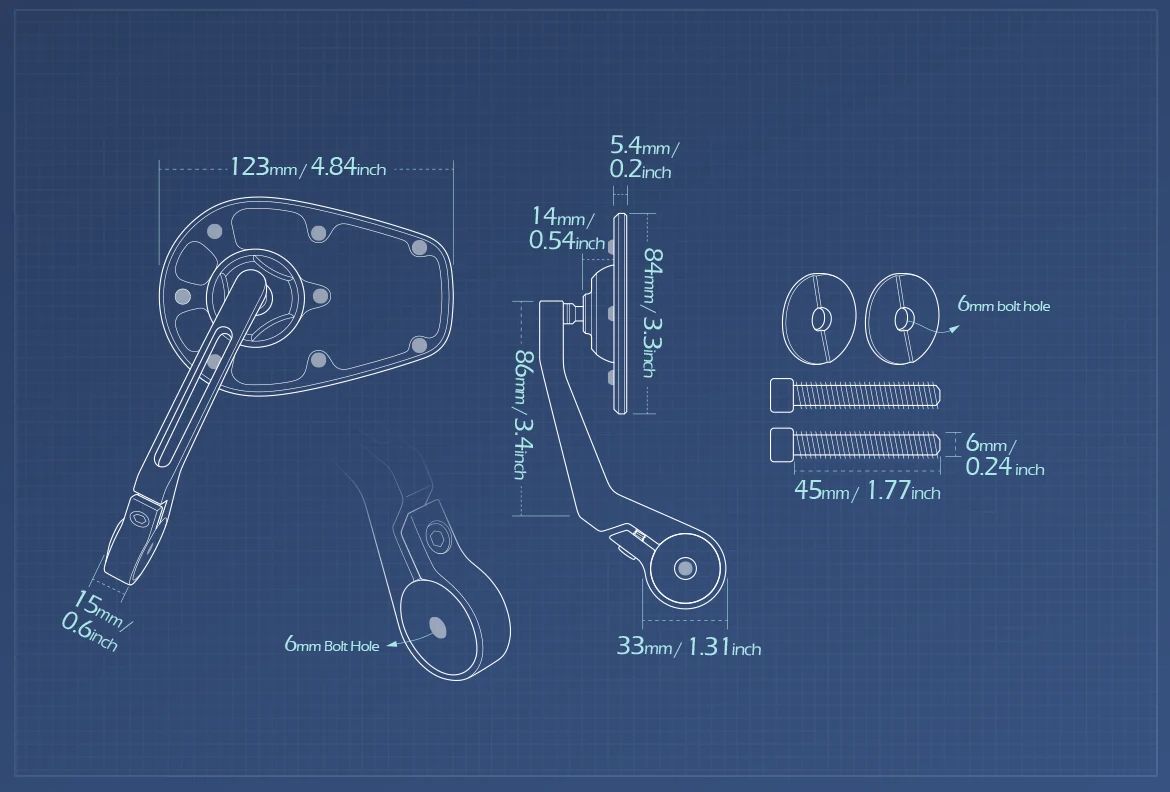 Measurement of KiWAV motorcycle bar end mirror MambaX a pair compatible with Royal Enfield Interceptor 650