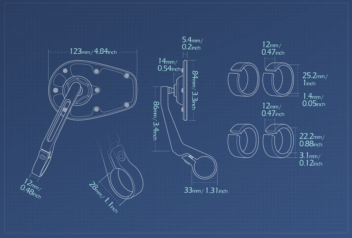 Measurement of KiWAV motorcycle bar end mirror MambaX a pair for 22/25mm handlebar