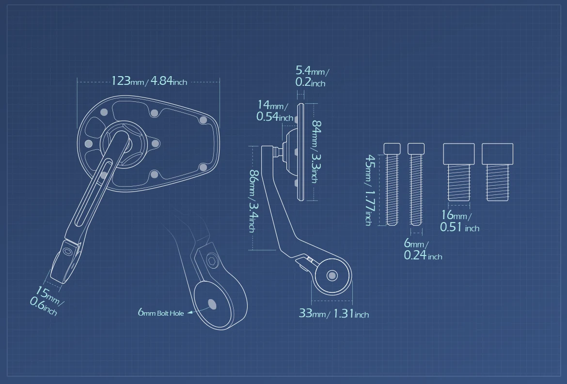 Measurement of KiWAV motorcycle bar end mirror MambaX a pair compatible with Yamaha M16 threaded handlebars