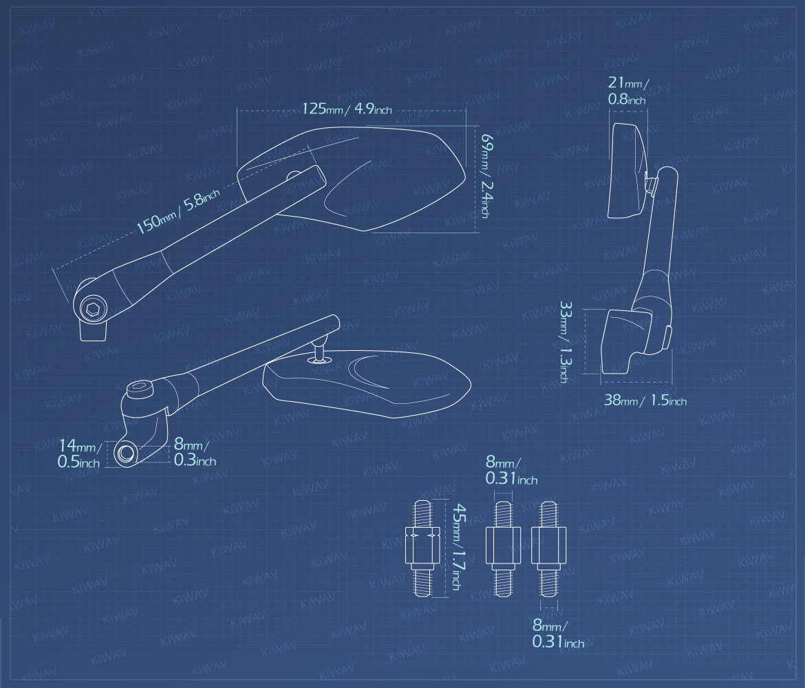 Measurement of KiWAV Medusa motorcycle mirrors scooter