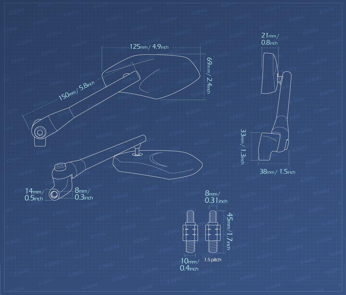 Measurement of KiWAV Medusa motorcycle mirrorscompatible for most BMW motorcycles