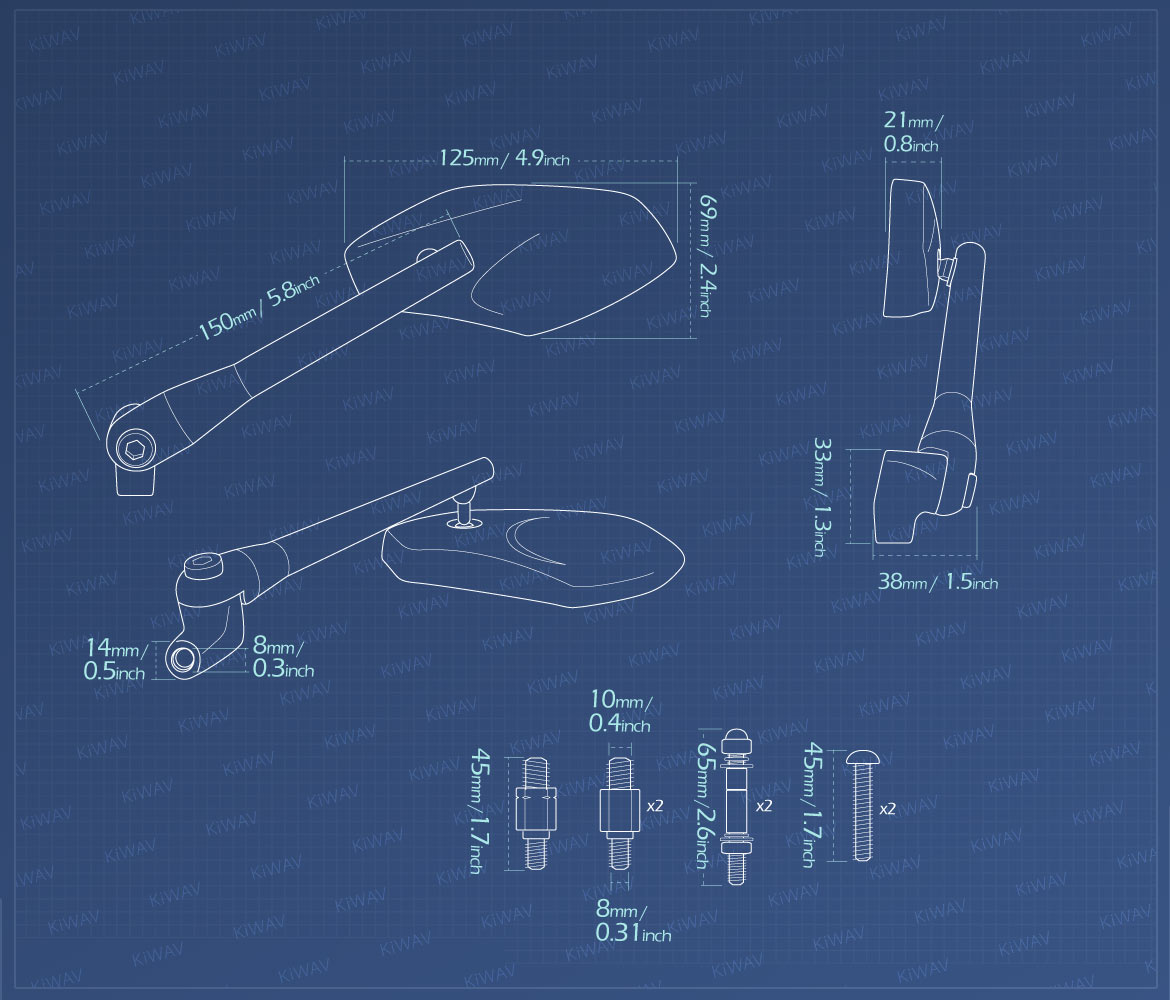 Measurement of KiWAV Medusa motorcycle mirrorsuniversal fit for 10mm and Harley Davidson