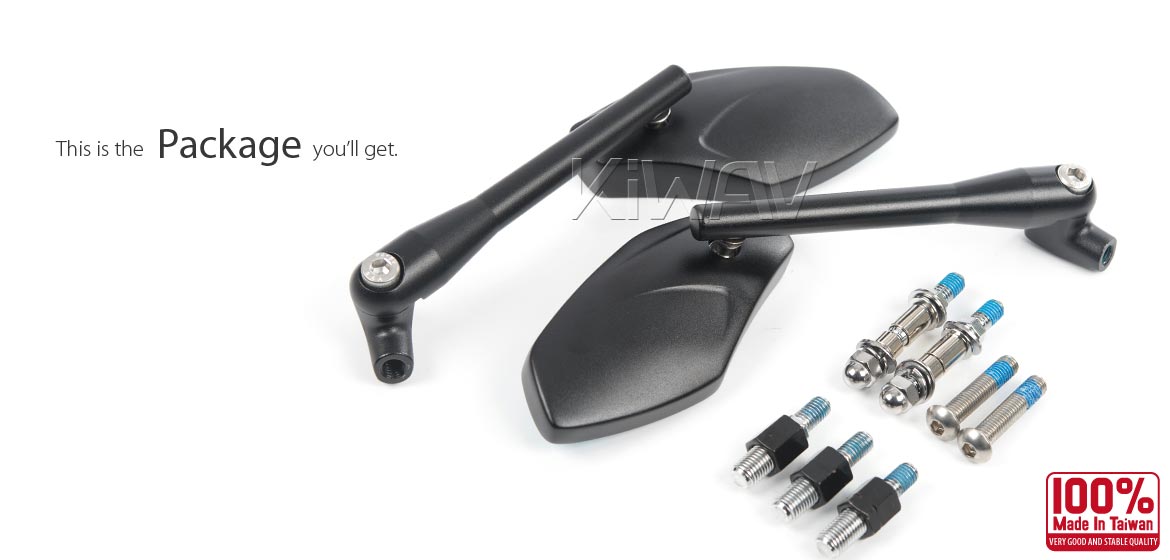 KiWAV Medusa black motorcycle mirrors universal fit for 10mm and Harley Davidson