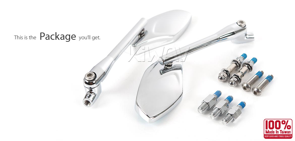 KiWAV Medusa chrome motorcycle mirrors universal fit for 10mm and Harley Davidson