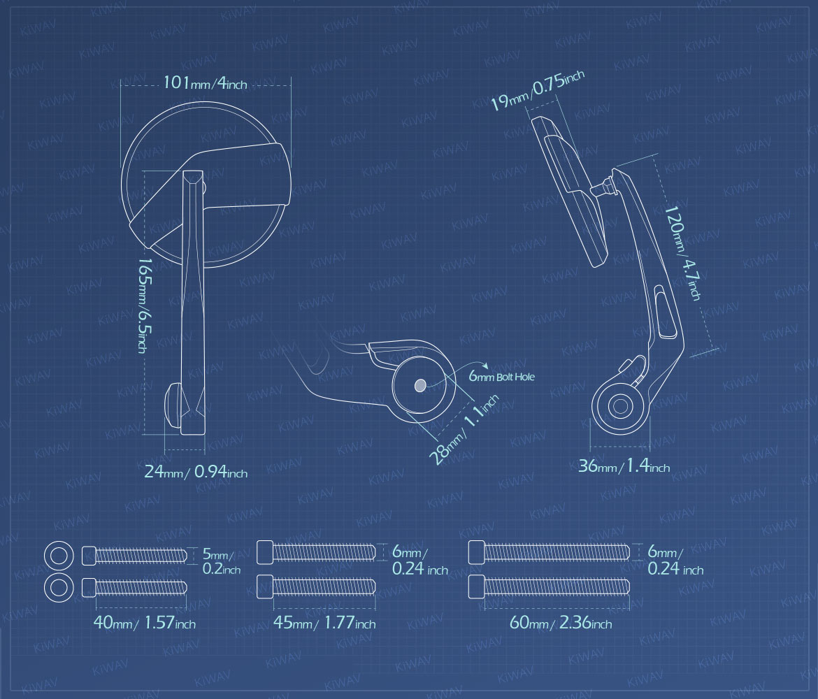 Measurement of KiWAV motorcycle bar end mirrors Missie compatible for Triumph air-cooled motorcycles