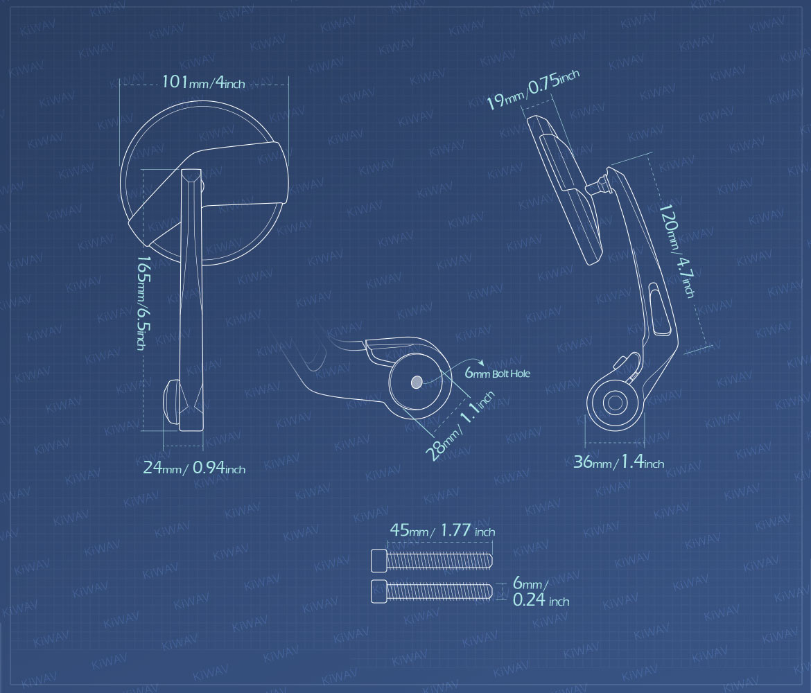 Measurement of KiWAV motorcycle bar end mirrors Missie for M6 threaded handlebars