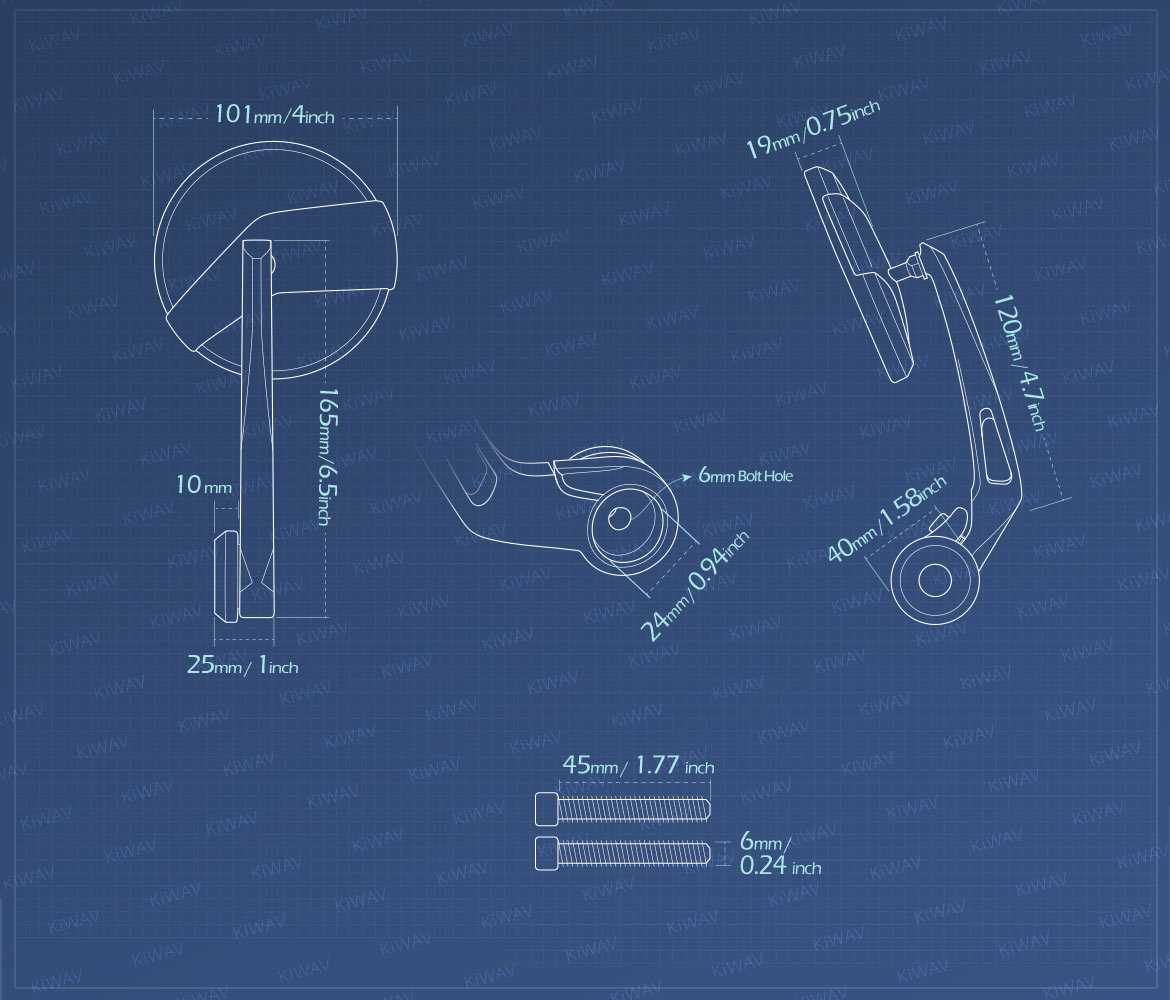Measurement of KiWAV motorcycle bar end mirrors Missie heavy weight for M6 threaded handlebars