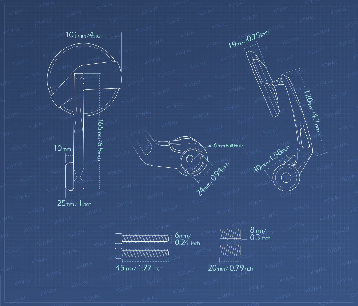 Measurement of KiWAV motorcycle bar end mirrors Missie for M8 threaded handlebars