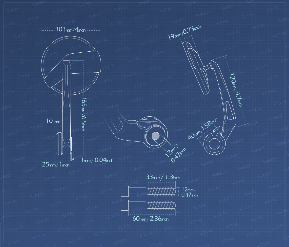 Measurement of KiWAV motorcycle bar end mirrors Missie compatible for BMW