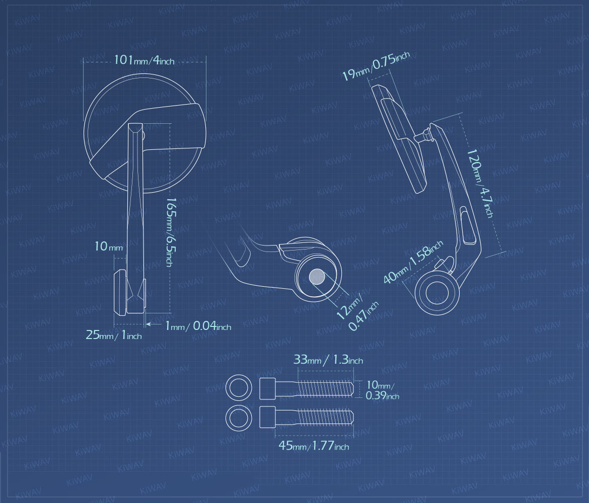 Measurement of KiWAV motorcycle bar end mirrors Missie compatible for BMW M10 threaded handlebar