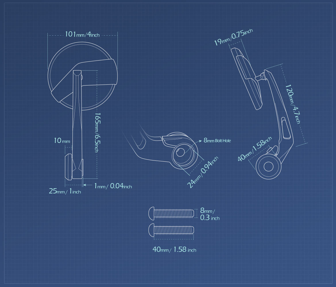Measurement of KiWAV motorcycle bar end mirrors Missie compatible with BMW M8 threaded handlebar