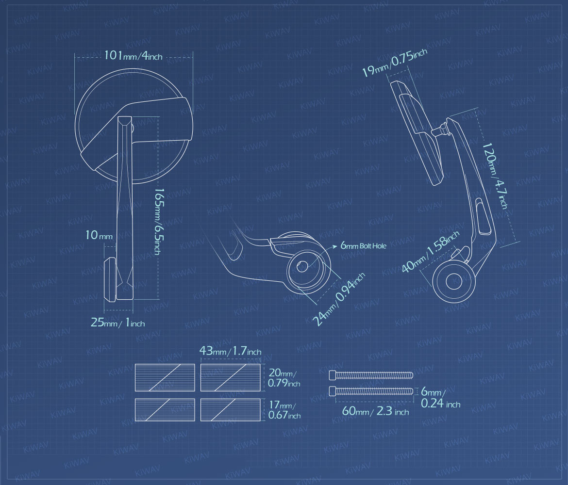 Measurement of KiWAV motorcycle bar end mirrors Missie for 1 inch & 1-1/4 inch hollow end handlebars