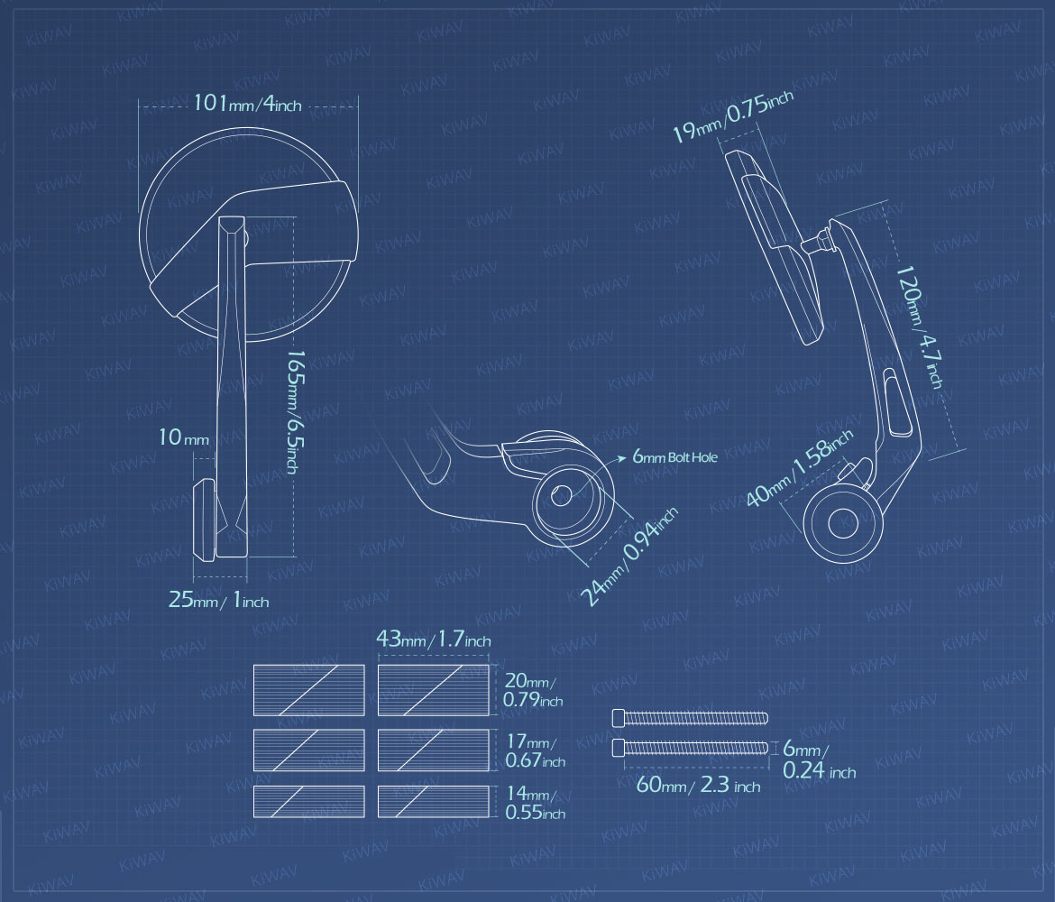 Measurement of KiWAV motorcycle bar end mirrors Missie universal fit for 7/8, 1, 1-1/4 inch hollow end handlebars