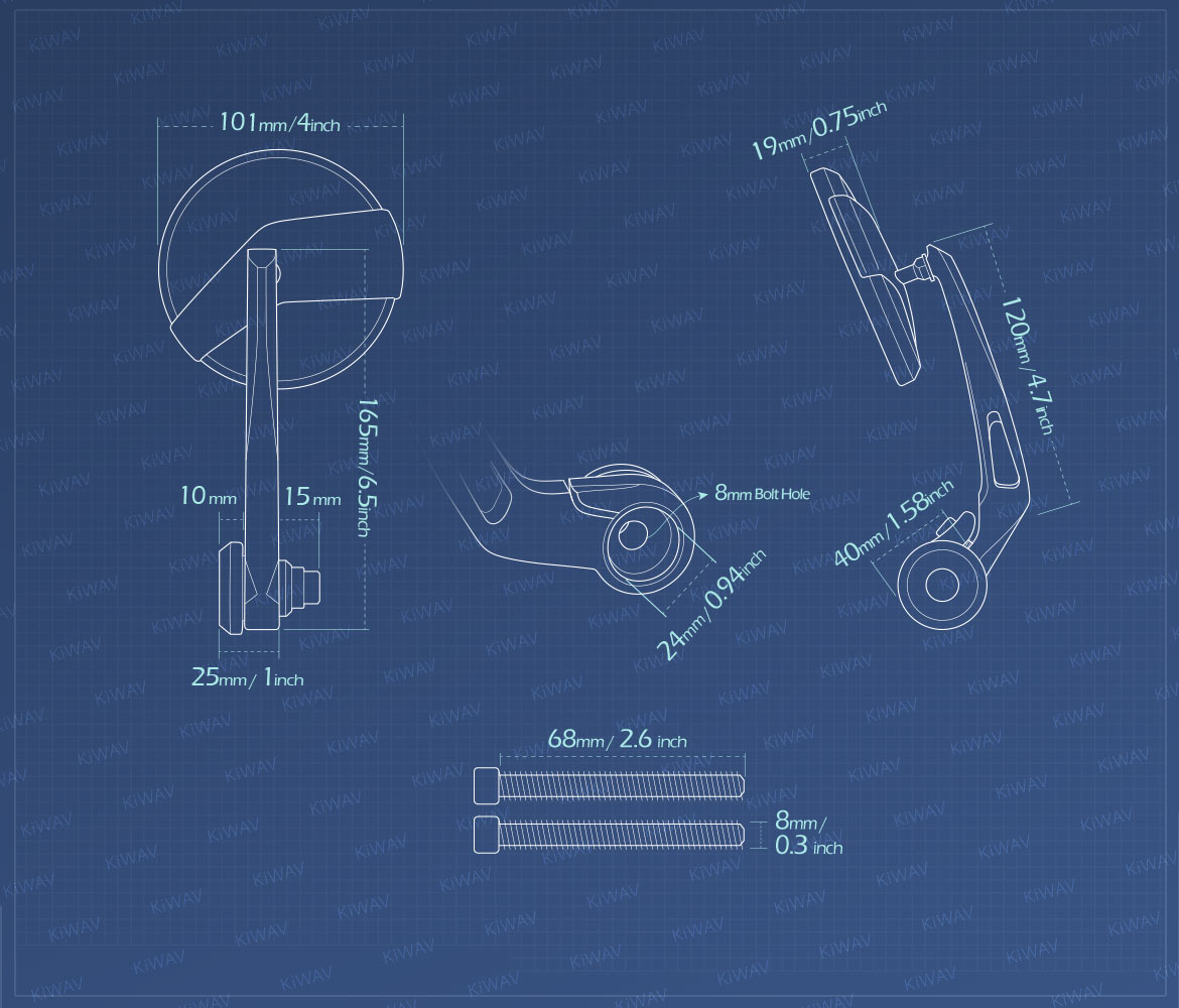 Measurement of KiWAV motorcycle bar end mirrors Missie compatible for Indian Scout Bobber