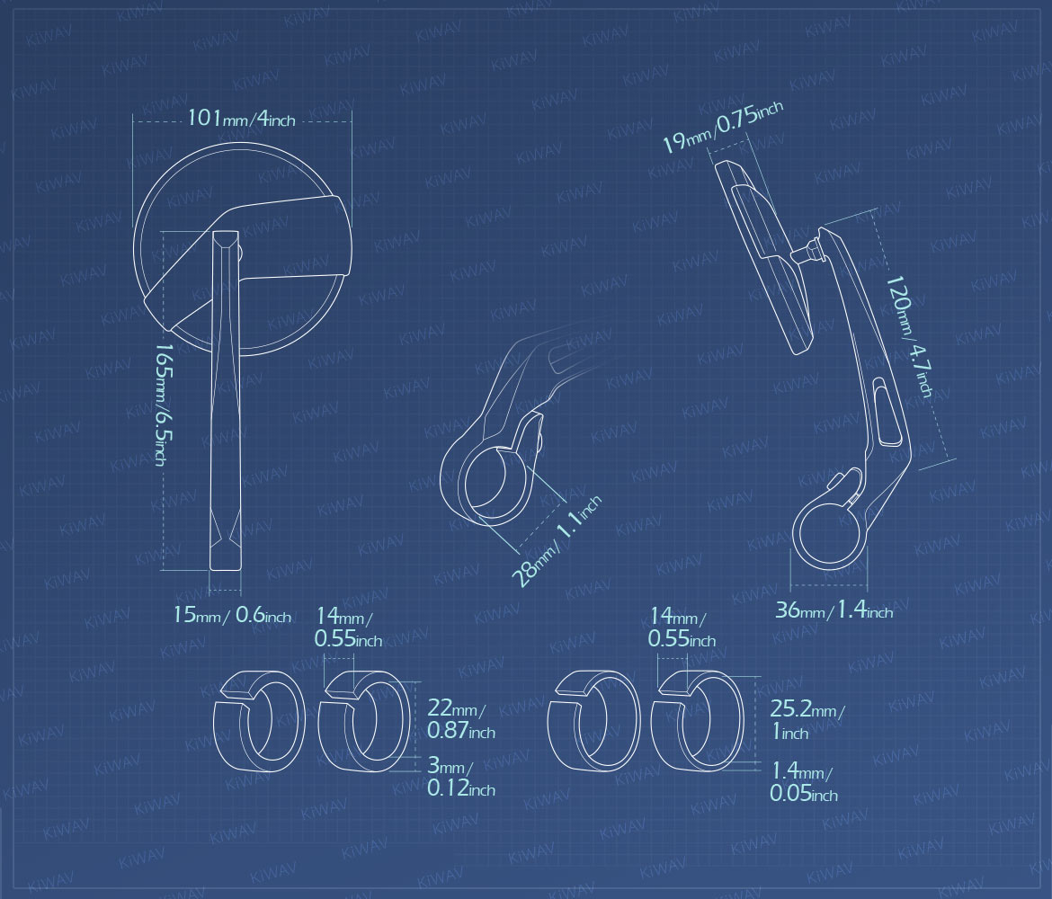 Measurement of KiWAV motorcycle bar end mirrors Missie for 22/25mm handlebar