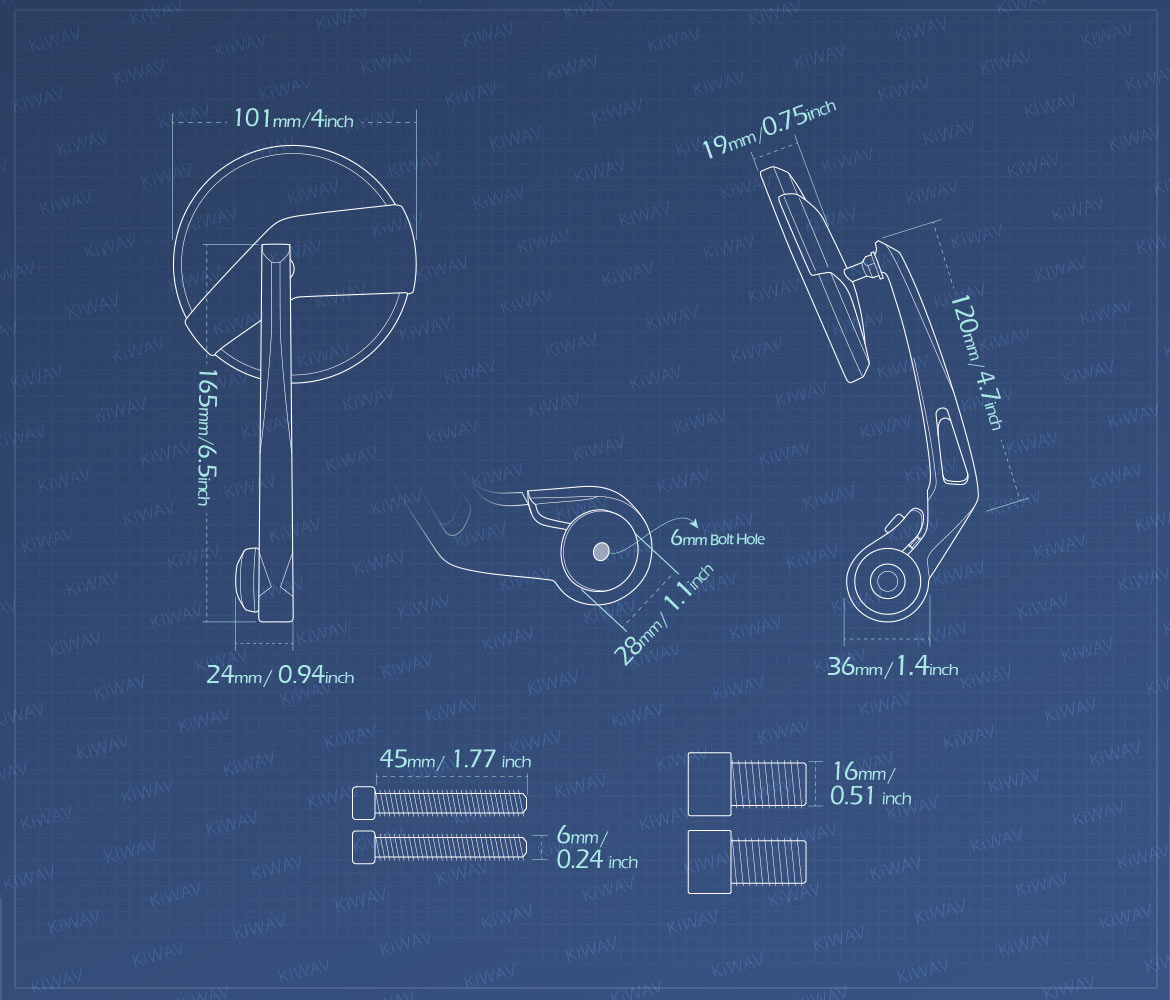 Measurement of KiWAV motorcycle bar end mirrors Missie for Yamaha M16 threaded handlebars