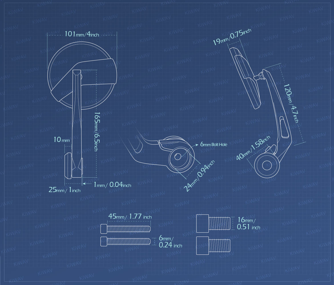 Measurement of KiWAV motorcycle bar end mirrors Missie heavy weight for Yamaha M16 threaded handlebars
