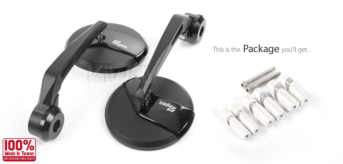KiWAV motorcycle bar end mirrors Missie black universal fit for 7/8, 1, 1-1/4 inch hollow end handlebars