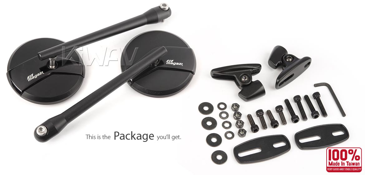 KiWAV Missie black mirrors a pair for sportbike motorcycle, golf cart