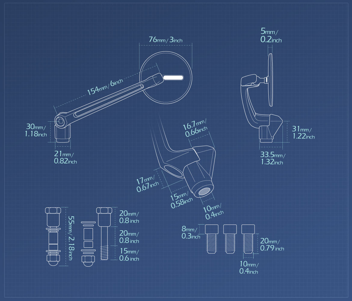 Measurement of KiWAV rear view side mirrors Ojo compatible with Triumph 25mm handlebar and go-through mounts