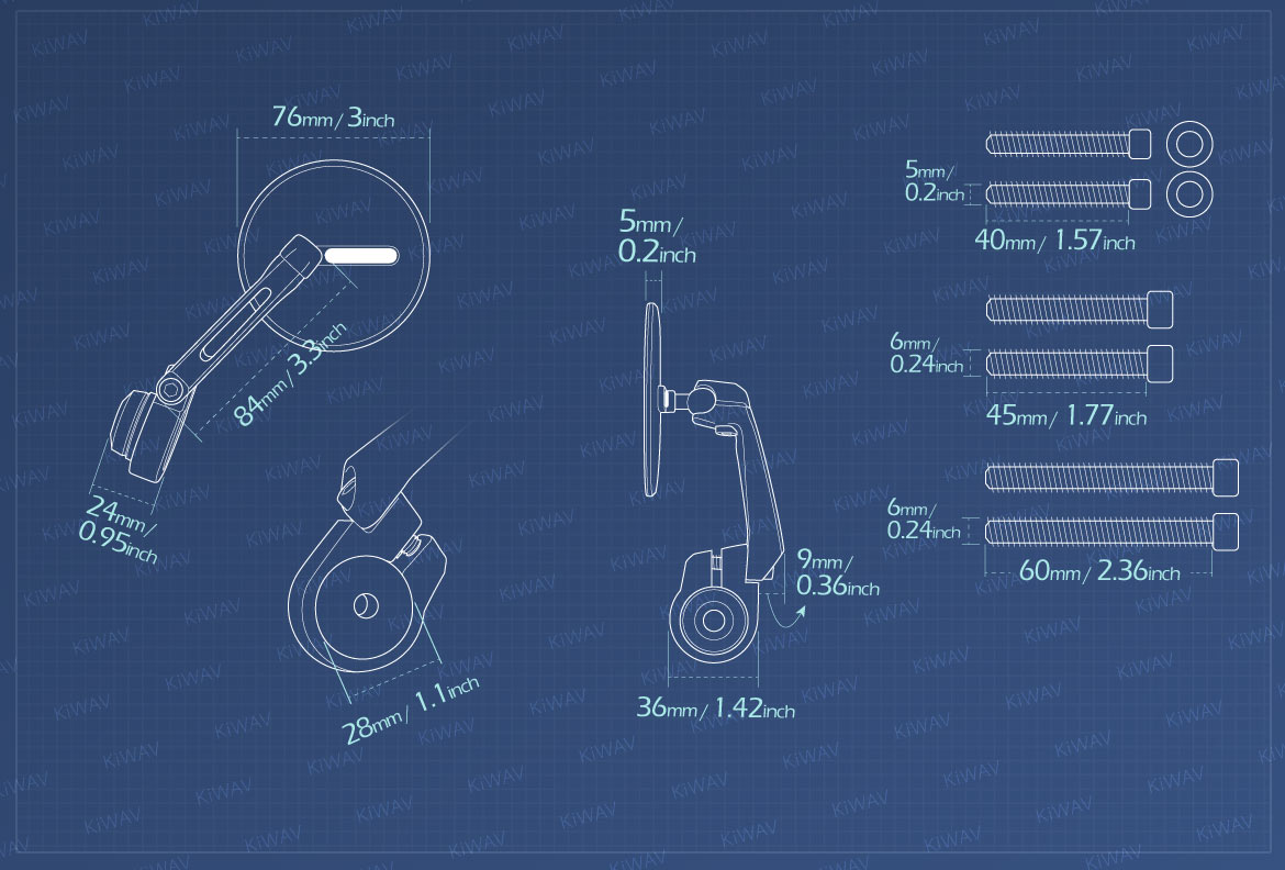Measurement of KiWAV motorcycle bar end mirrors Ojo compatible for Triumph air-cooled motorcycles
