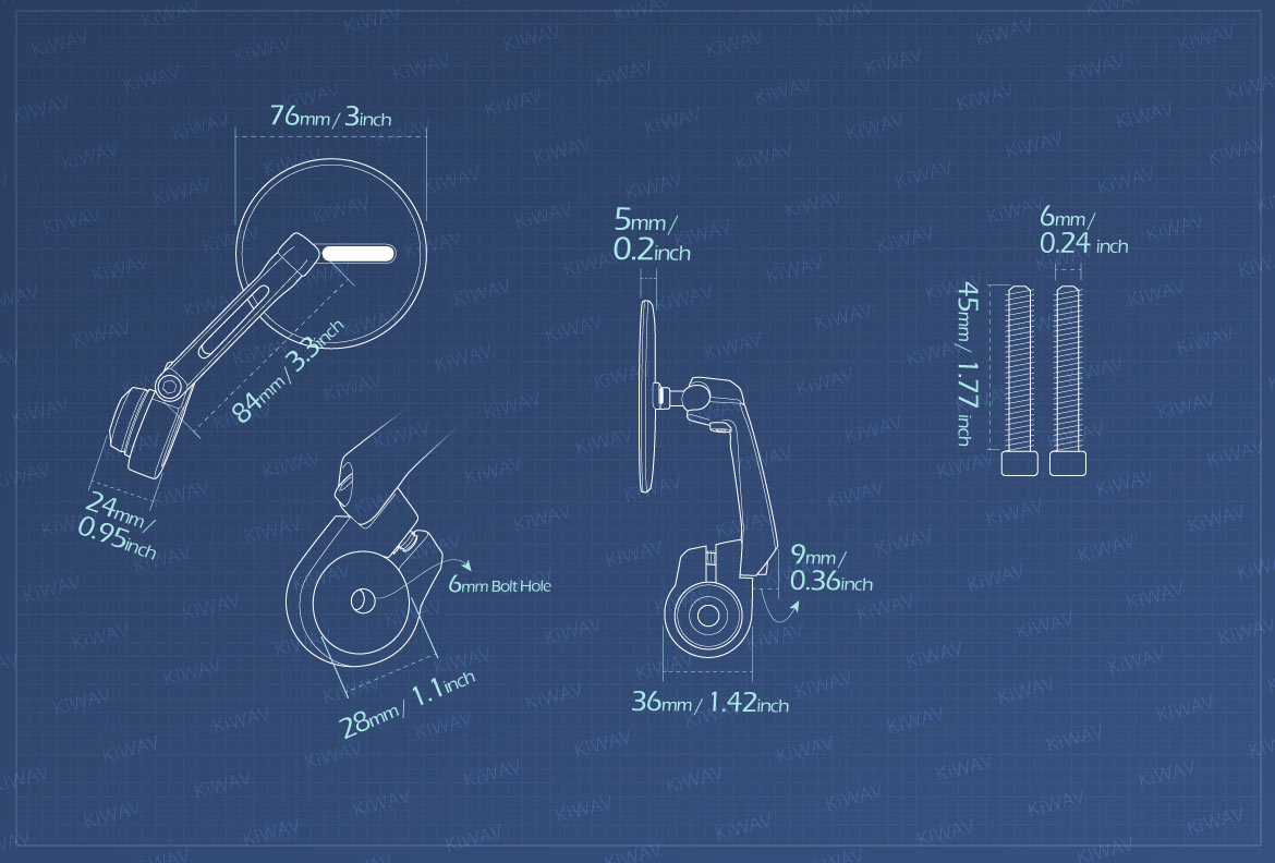 Measurement of KiWAV motorcycle bar end mirrors Ojo compatible for M6 threaded handlebars