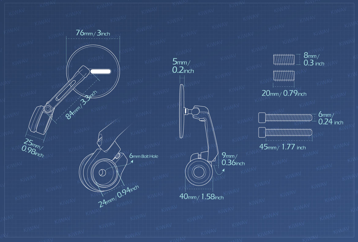Measurement of KiWAV motorcycle bar end mirrors Ojo heavy weight compatible for M8 threaded handlebars