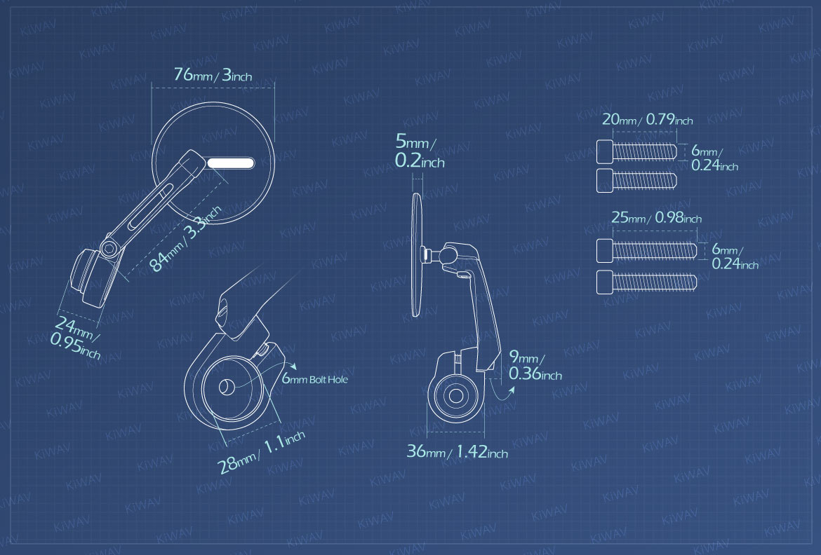 Measurement of KiWAV motorcycle bar end mirrors Ojo compatible for Triumph water-cooled motorcycles