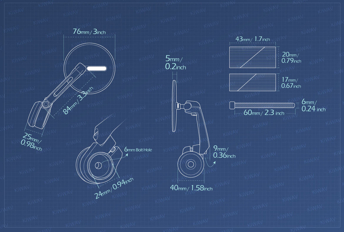 Measurement of KiWAV motorcycle bar end mirrors Ojo for 1 inch & 1-1/4 inch hollow end handlebars