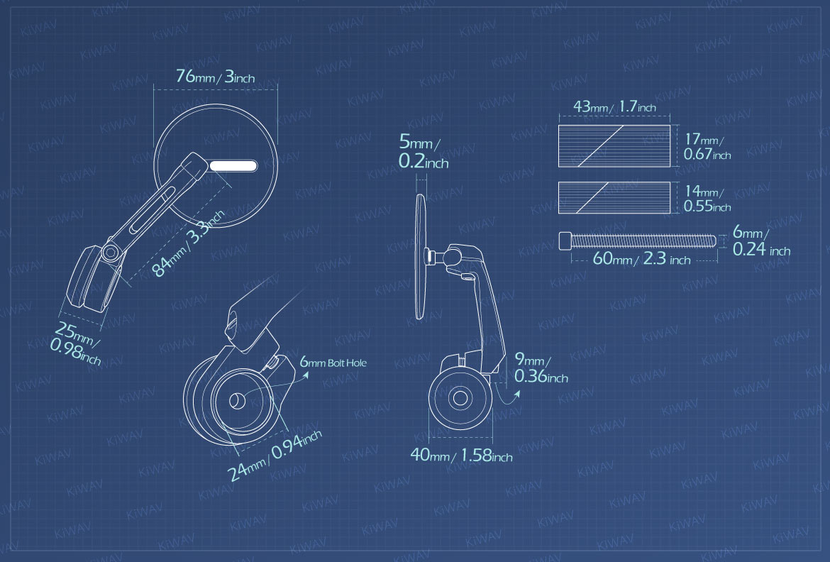 Measurement of KiWAV motorcycle bar end mirrors Ojo for 7/8 inch hollow end handlebars