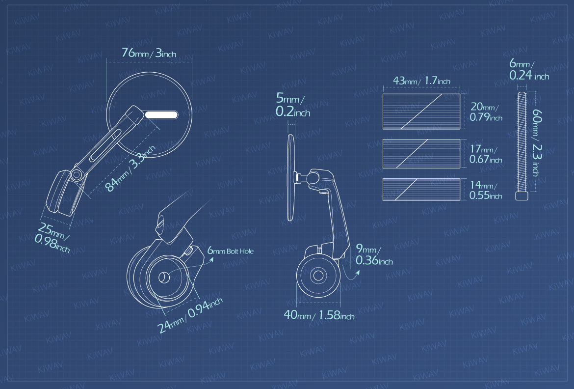 Measurement of KiWAV motorcycle bar end mirrors Ojo for 7/8 inch, 1 inch, 1-1/4 inch hollow end handlebars