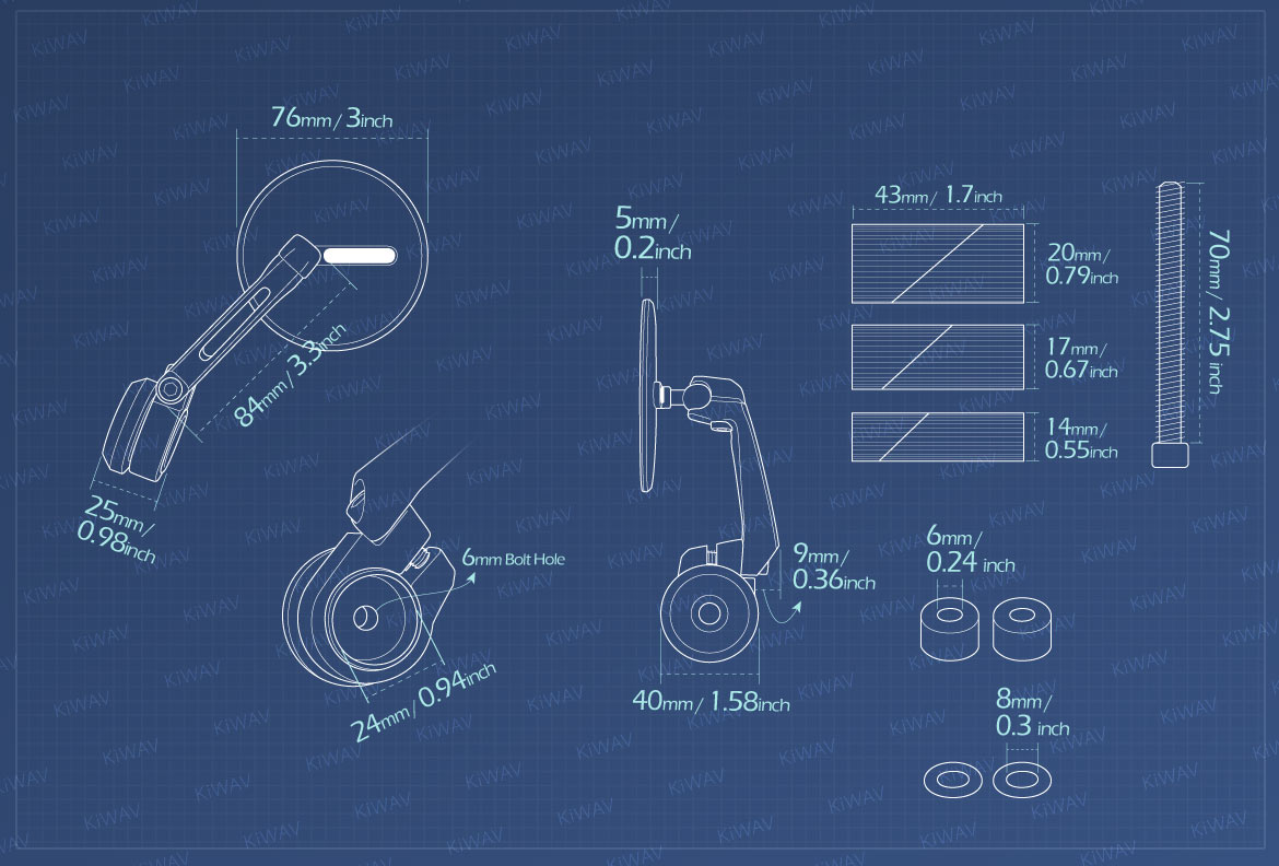 Measurement of KiWAV motorcycle bar end mirrors Ojo compatible for Harley Sportster Dyna Softail XG street