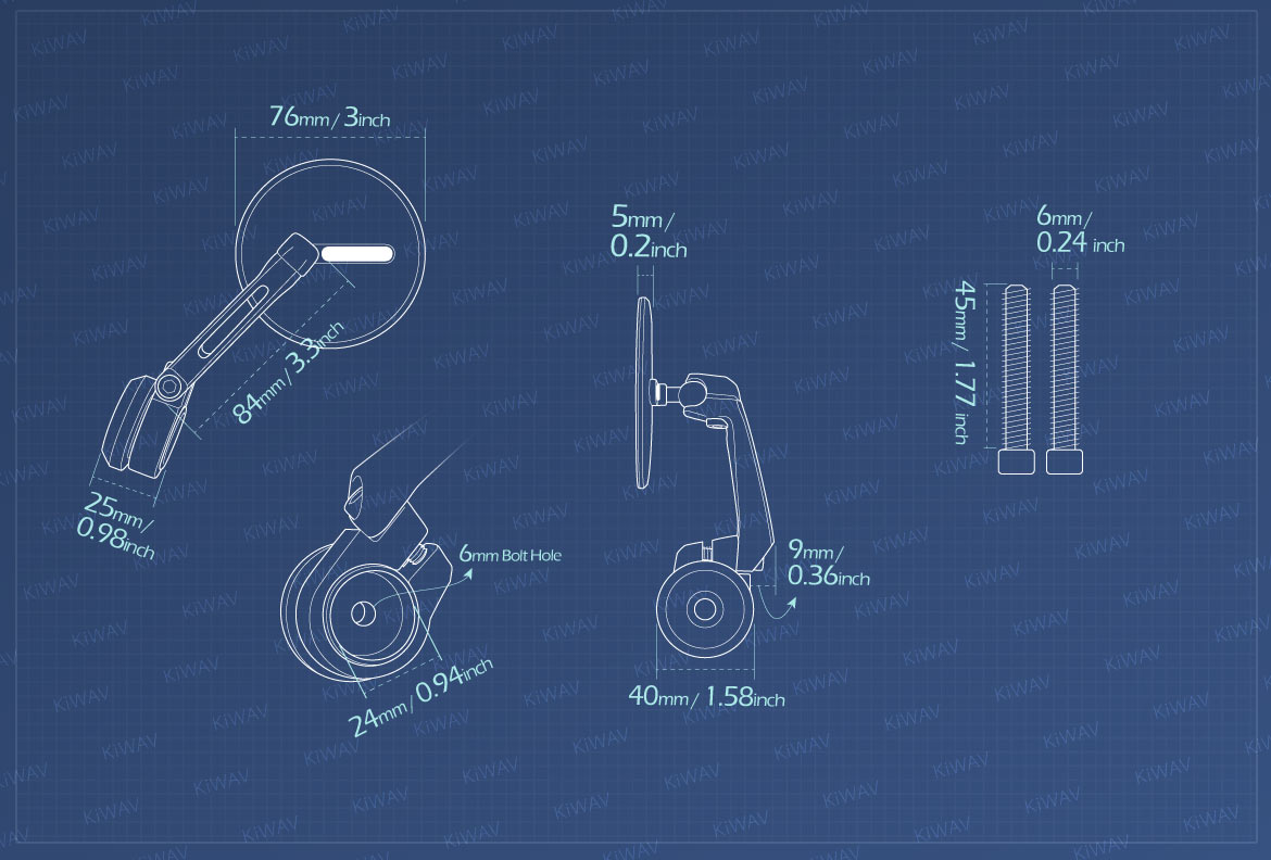 Measurement of KiWAV motorcycle bar end mirrors Ojo heavy weight compatible for M6 threaded handlebars