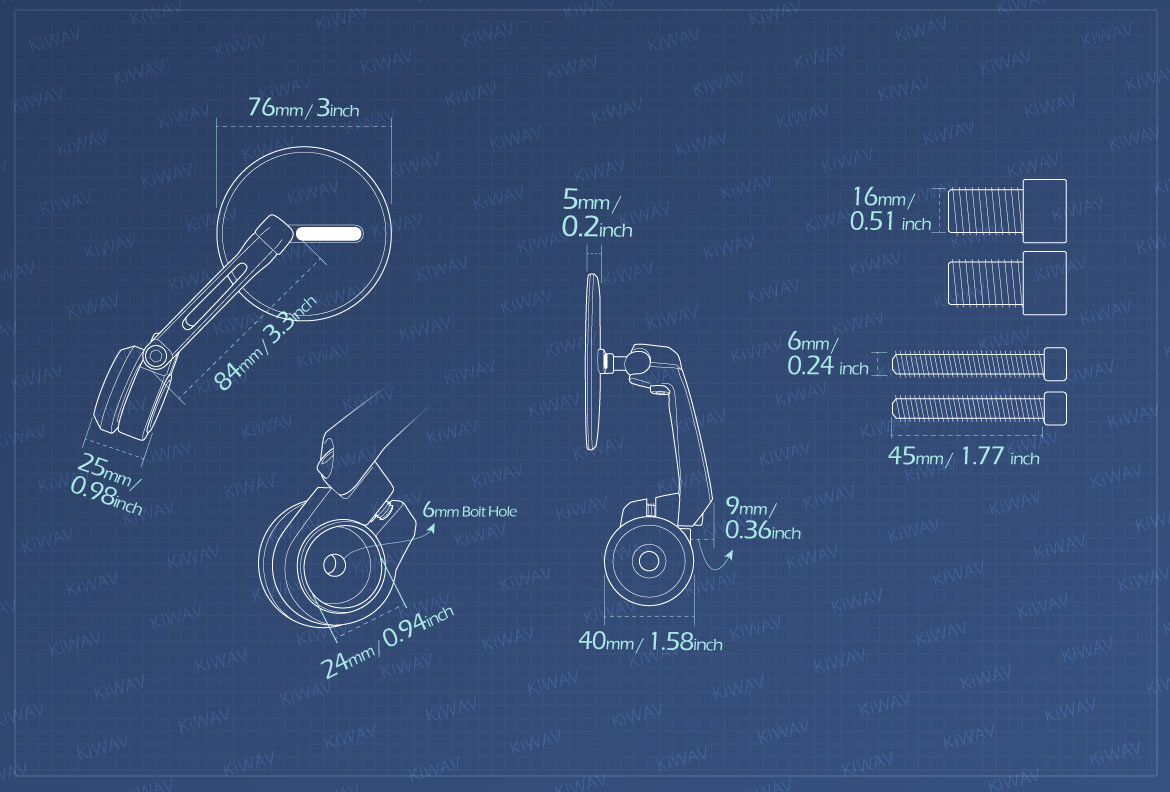 Measurement of KiWAV motorcycle bar end mirrors Ojo heavy weight compatible for Yamaha M16 threaded handlebars