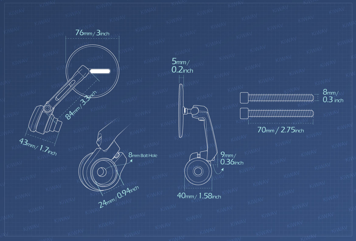 Measurement of KiWAV motorcycle bar end mirrors Ojo compatible for Indian Scout Bobber
