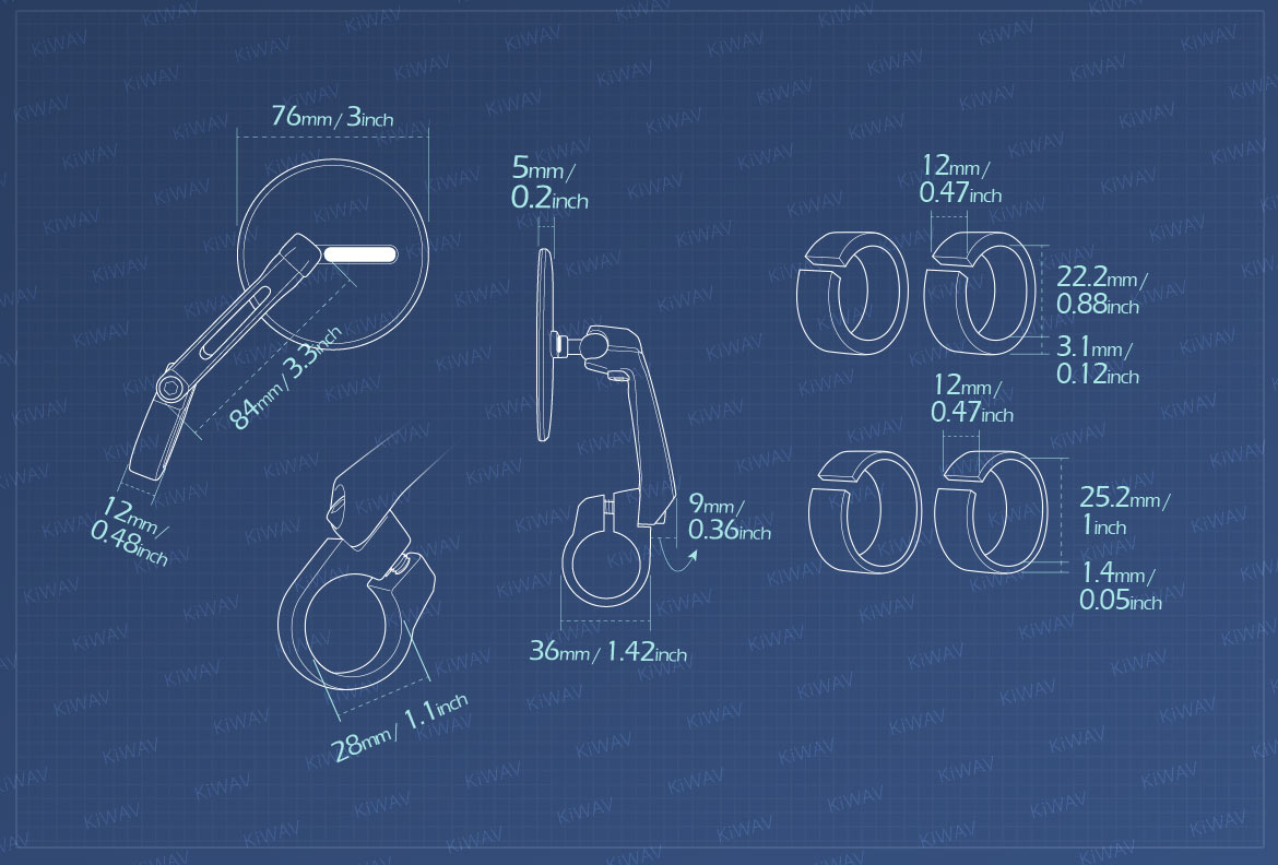 Measurement of KiWAV motorcycle bar end mirrors Ojo for 22/25mm handlebar