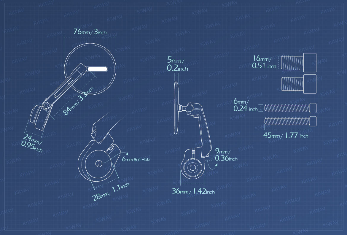 Measurement of KiWAV motorcycle bar end mirrors Ojo compatible for Yamaha M16 threaded handlebars