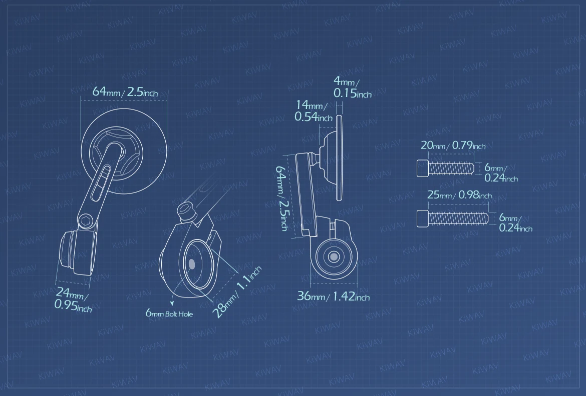 Measurement of KiWAV motorcycle bar end mirror Orbii a piece compatible with Triumph water-cooled models