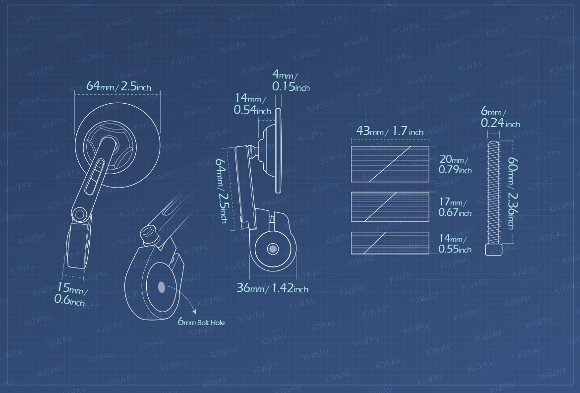 Measurement of KiWAV motorcycle bar end mirror Orbii a piece universal fit for 7/8, 1, 1-1/4 inch hollow end handlebars