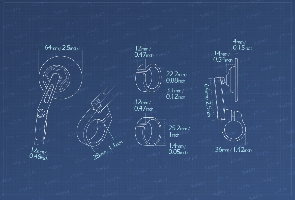 Measurement of KiWAV motorcycle bar end mirror Orbii a piece for 22/25mm handlebar