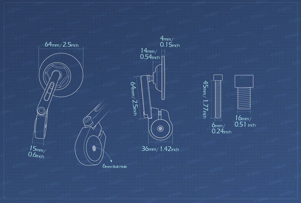 Measurement of KiWAV motorcycle bar end mirror Orbii a piece compatible with Yamaha M16 threaded handlebars